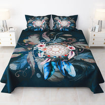 Story@home 240 TC Talespun Gold Microfiber Navy Blue & Pink King Size Dream Catcher Bedsheet with 2 Pillow Covers