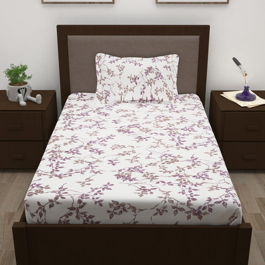 Sparkle 144 TC 100% Cotton White & Purple Single Bedsheet Combo | Set of 2 |