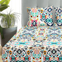 Boho Styled 240 TC White & Blue Geometric Double Size Bedsheet With 2 Pillow Covers