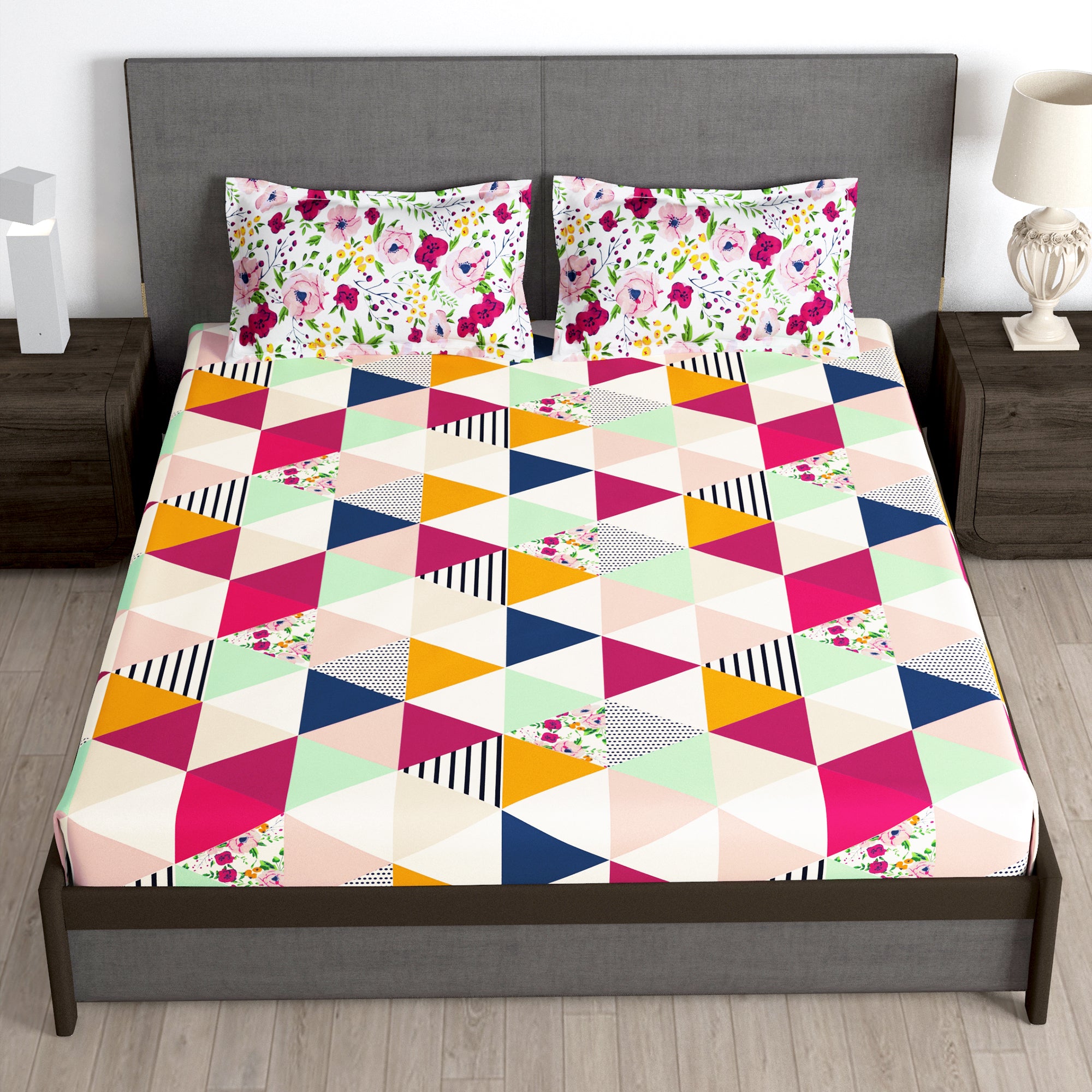 Story@Home 2 Pcs Arena Microfiber Double Bedsheets Combo With 4 Pillow Covers - Blue & Multicolor