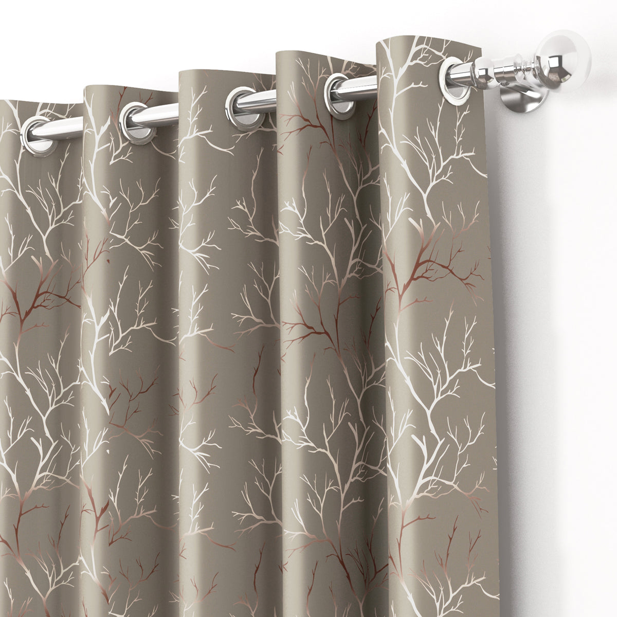 Ivory and copper branches pattern blackout curtains in taupe color, hanging on silver curtain rod with grommets