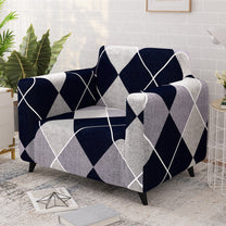 Sofa Cover Combo – 2 Pcs 1 Seater and 1 Pc 3 Seater Elastic Stretchable in Navy Blue & Grey Geometric Pattern by Story@Home