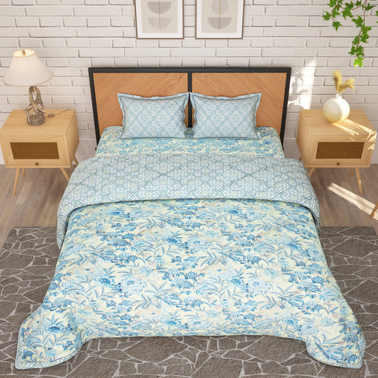 Blue Floral Microfiber Double Size Bedding Combo - Double Bedsheet & Double Comforter