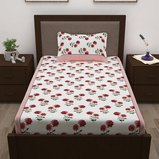Sparkle 144 TC 100% Cotton White & Red Single Bedsheet Combo | Set of 2 |