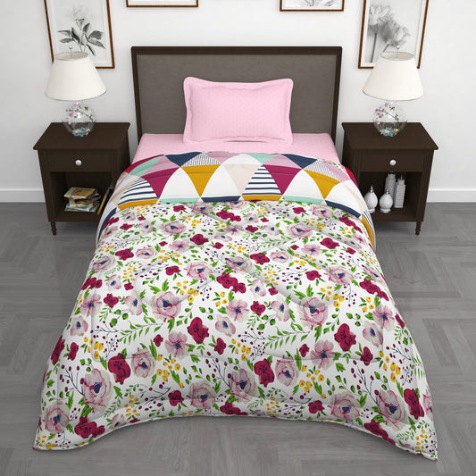 180 GSM Pink Geometric Microfiber Fusion Reversible Single Comforter