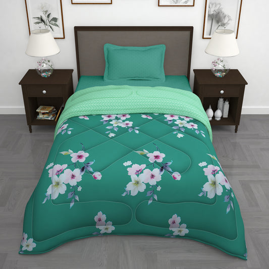 180 GSM Green Floral Microfiber Fusion Reversible Single Comforter