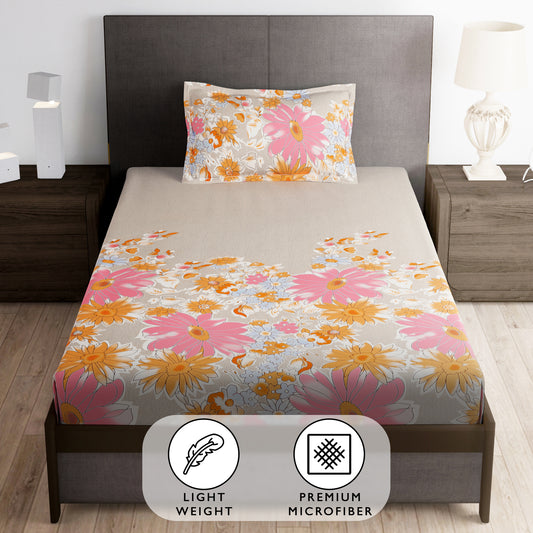 Arena 160 TC Beige & Pink Double / Single Size Bedsheet With Pillow Cover