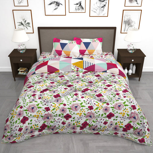 Pink Floral Microfiber Double Size Bedding Combo - Double Bedsheet & Double Comforter