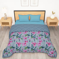 180 GSM Light Blue & Pink Floral Microfiber Fusion Reversible Double Comforter
