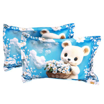 Story@Home Treedee 240 TC Blue & White Double Size Teddy Bear Bedsheet With 2 Pillow Cover
