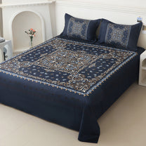 Story@home 300 TC Talespun Microfiber Dark Blue & Beige King Size Ethnic Bedsheet with 2 Pillow Covers