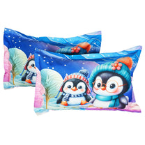 Story@Home Treedee 240 TC Pink & Blue Double Size Penguin Bedsheet With 2 Pillow Cover