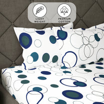 Metro 186 TC White & Blue Circles Queen / King Size Fitted Cotton Bedsheet With 2 Pillow Cover