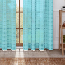 2 Pcs Cyan Blue Sheer Transparent Linen Sheer Window | Door | Semi Long Door | Long Door Curtains