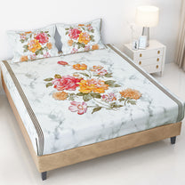 Story@home 240 TC Talespun Gold Microfiber White & Grey King Size Marble Floral Bedsheet with 2 Pillow Covers