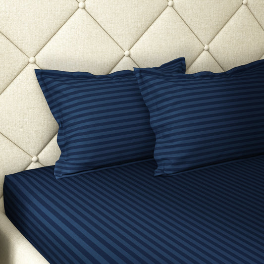 Story@Home 300 TC Navy Blue Microfiber Fitted Bedsheet with 2 Pillow Covers
