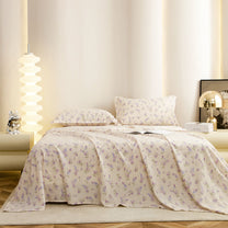 Story@home 300 TC Air Cotton Microfiber White & Purple King Size Floral Bedsheet with 2 Pillow Covers