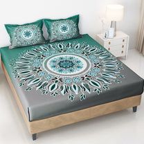 Story@home 240 TC Talespun Gold Microfiber Green & Grey King Size Traditional Ethnic Bedsheet with 2 Pillow Covers