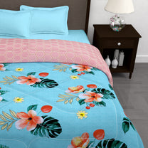 180 GSM Sky Blue Floral Microfiber Fusion Reversible Double Comforter