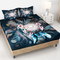Story@home 240 TC Talespun Gold Microfiber Navy Blue & Pink King Size Dream Catcher Bedsheet with 2 Pillow Covers