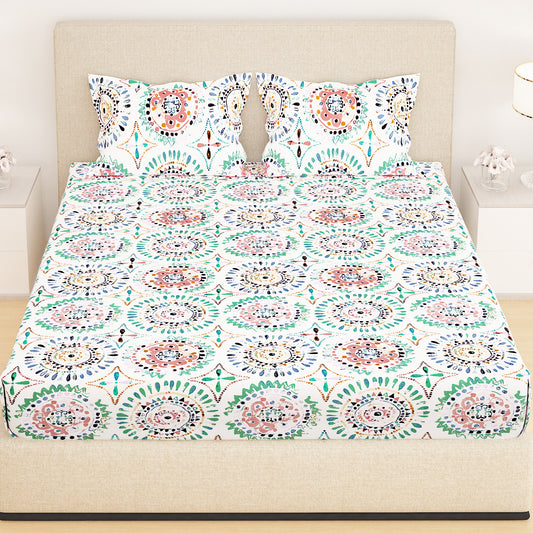 Monte 210 TC White & Peach Motif Double Fitted Bedsheet With 2 Pillow Covers