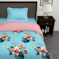 180 GSM Sky Blue Floral Microfiber Fusion Reversible Single Comforter