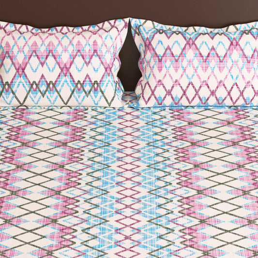 240 TC Microfiber Pink & Blue Geometric King size Bedsheet with 2 pillow Covers