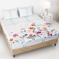 Story@home 240 TC Talespun Gold Microfiber White & Pink King Size Floral Bedsheet with 2 Pillow Covers