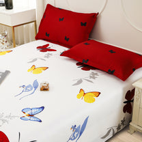 Story@home 240 TC White Butterfly Print Double Size Bedsheet With 2 Pillow Covers