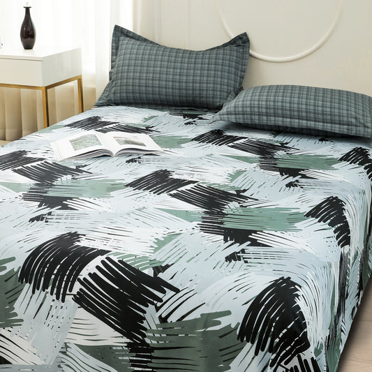 Story@home 240 TC Color Army Green Abstract Double Size Bedsheet With 2 Pillow Covers