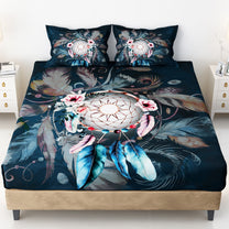 Story@home 240 TC Talespun Gold Microfiber Navy Blue & Pink King Size Dream Catcher Bedsheet with 2 Pillow Covers