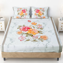 Story@home 240 TC Talespun Gold Microfiber White & Grey King Size Marble Floral Bedsheet with 2 Pillow Covers