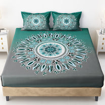 Story@home 240 TC Talespun Gold Microfiber Green & Grey King Size Traditional Ethnic Bedsheet with 2 Pillow Covers