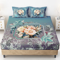 Story@home 240 TC Talespun Gold Microfiber Blue & Grey King Size Floral Bedsheet with 2 Pillow Covers