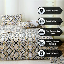 Metro Gold 190 TC Cotton Grey & Beige Double Bedsheet with Pillow Covers