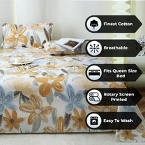 Metro Gold 190 TC Cotton White & Yellow Double Bedsheet with Pillow Covers