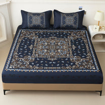 Story@home 300 TC Talespun Microfiber Dark Blue & Beige King Size Ethnic Bedsheet with 2 Pillow Covers