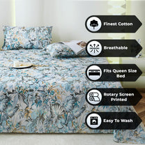 Metro Gold 190 TC Cotton Grey & Blue Double Bedsheet with Pillow Covers