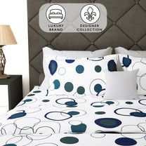 Metro 186 TC White & Blue Circles Queen / King Size Fitted Cotton Bedsheet With 2 Pillow Cover