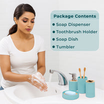Story@Home Teal 4 Pcs Bamboo Bathroom Accessories Set - Toothbrush Holder, Soap Dispenser, Tumbler and Soap Dish
