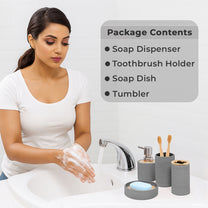 Story@Home Grey 4 Pcs Bamboo Bathroom Accessories Set - Toothbrush Holder, Soap Dispenser, Tumbler and Soap Dish