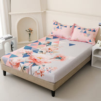 Story@home 300 TC Talespun Microfiber Baby Pink & White King Size Geometric Bedsheet with 2 Pillow Covers