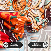 Sofa Cover Combo – 2 Pcs 1 Seater and 1 Pc 3 Seater Elastic Stretchable in Orange Motif Pattern by Story@Home