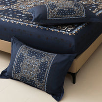 Story@home 300 TC Talespun Microfiber Dark Blue & Beige King Size Ethnic Bedsheet with 2 Pillow Covers