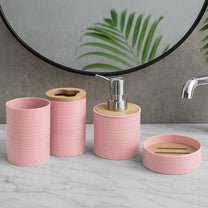 Story@Home Peach 4 Pcs Bamboo Bathroom Accessories Set - Toothbrush Holder, Soap Dispenser, Tumbler and Soap Dish
