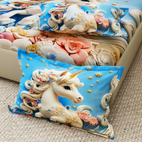 Story@Home Treedee 240 TC White & Blue Double Size Unicorn Bedsheet With 2 Pillow Cover
