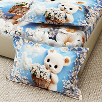 Story@Home Treedee 240 TC Blue & White Double Size Teddy Bear Bedsheet With 2 Pillow Cover
