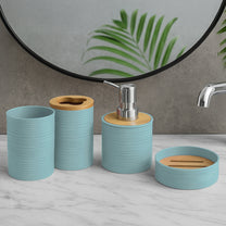 Story@Home Teal 4 Pcs Bamboo Bathroom Accessories Set - Toothbrush Holder, Soap Dispenser, Tumbler and Soap Dish