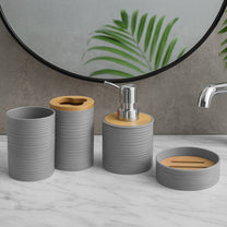 Story@Home Grey 4 Pcs Bamboo Bathroom Accessories Set - Toothbrush Holder, Soap Dispenser, Tumbler and Soap Dish