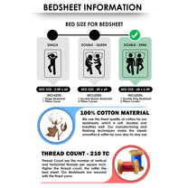 Product details for the 210 TC blue newspaper print king size bedsheet set, emphasizing its high thread count, unique design, and easy-care fabric.